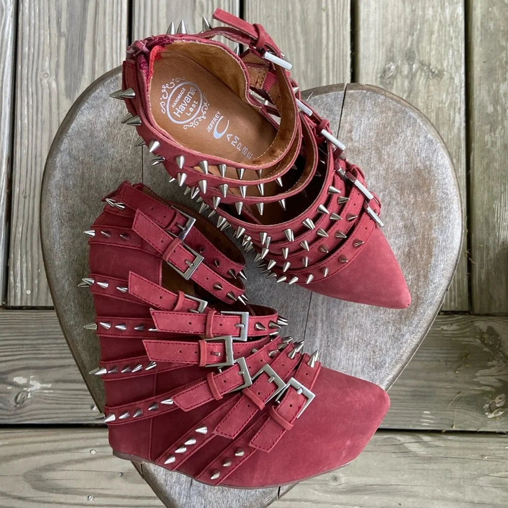 Jeffrey Campbell Zip-2 Stud Brick Red Nubuck Leather Wedge Shoes Women's Size 6 - Picture 14 of 14